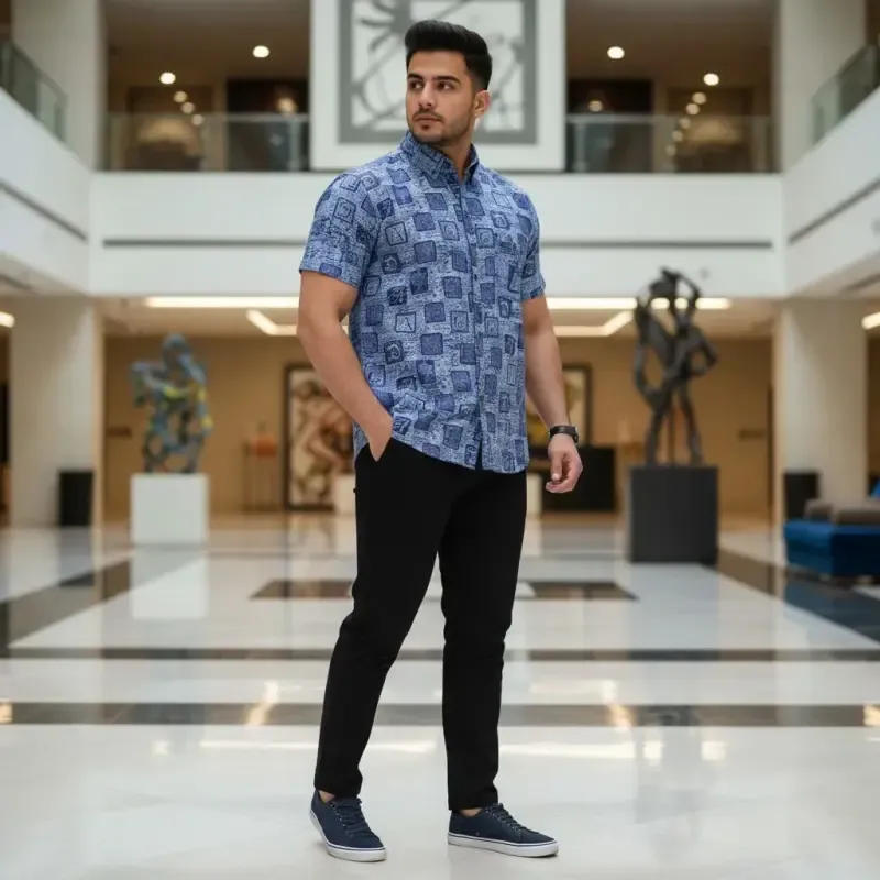 پیراهن آستین بلند و آستین کوتاه مردانه طرحدار چاپی رنگ ثابت لارج تا دو ایکس لارج