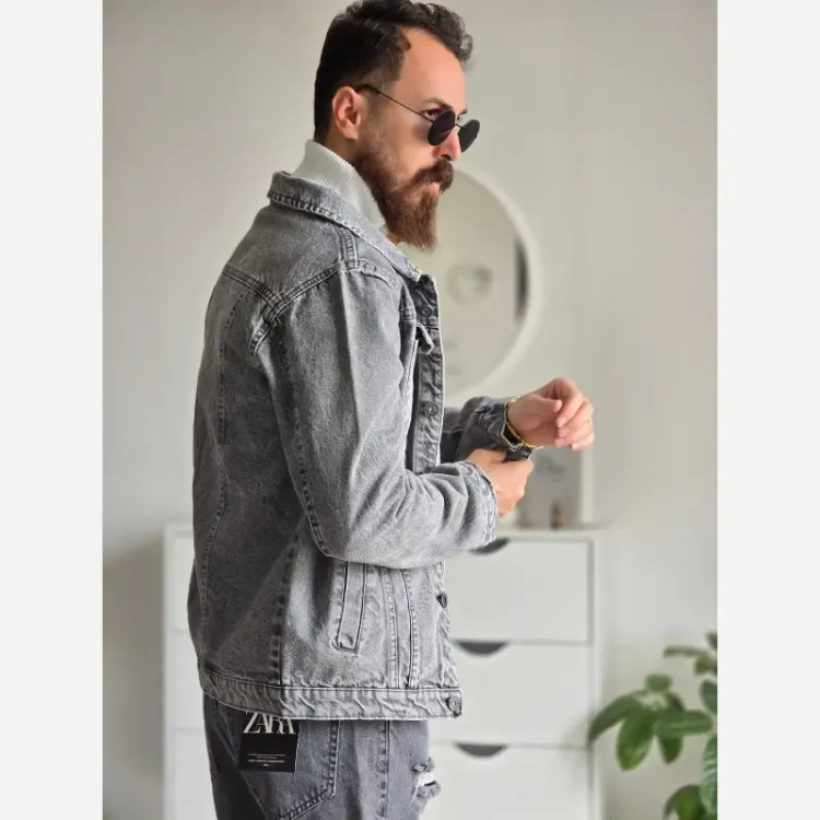 کت جین مردانه پارچه ترک رنگ طوسی تمام کش و قواره دار سایز M تا XXL