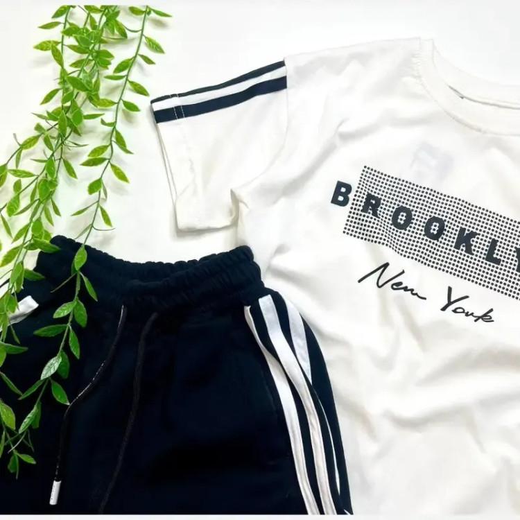 ست تیشرت شلوارک اسپرت دخترانه و پسرانه طرح brooklyn پنبه دورس ترک