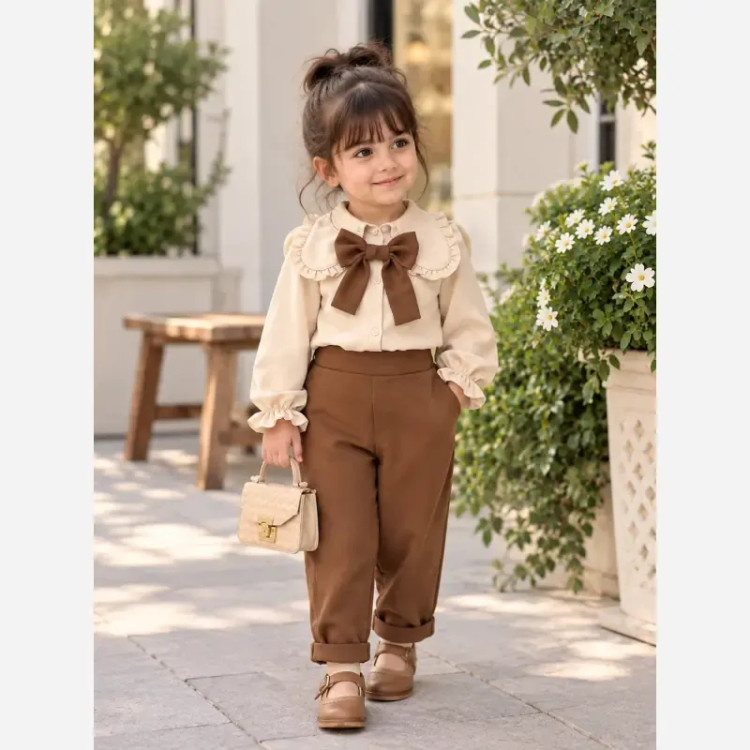 ست لباس دخترانه سه تکه مازراتی شومیز شلوار پاپیون قهوه ای 2 تا 12 سال