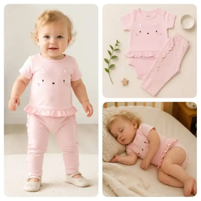 ست لباس پنبه نوزادی نیلی طرح بالرین بادی آستین کوتاه و شلوار سایز صفر تا سه