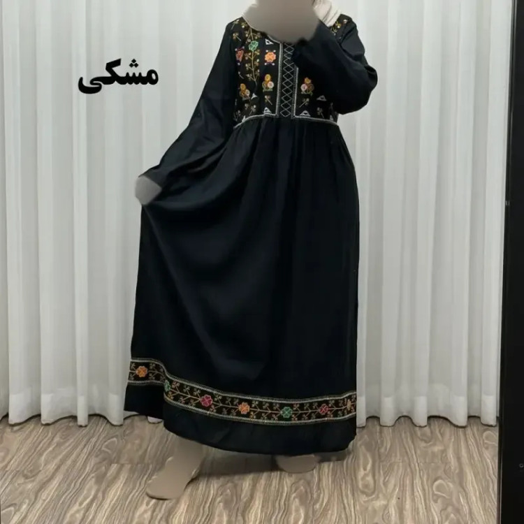 پیراهن نخی هندی سلن گلدوزی فری سایز تا 50 کمربنددار چهارفصل زنانه شیک