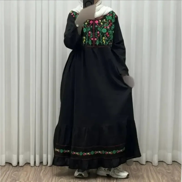 پیراهن نخی زنانه فری سایز تا 46 گلدوزی شده شیک و راحت کمربند دار چهارفصل